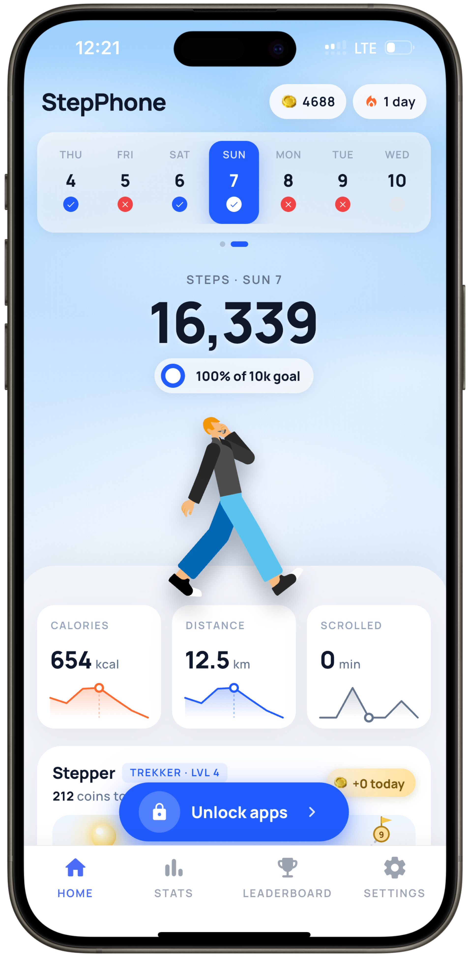 StepPhone app home screen showing 16,339 steps and an Unlock apps button
